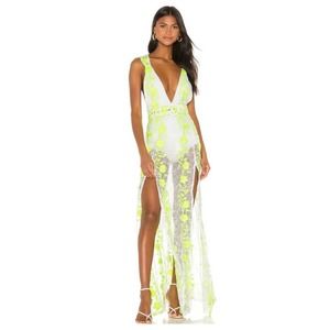 For Love and Lemons  Revolve Dahlia Lace Maxi Neon Floral Dress - S